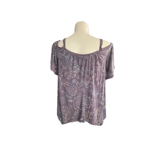 MUDD COLD SHOULDER ASYMMETRICAL HEM TOP BLOUSE PURPLE PAISLEY PRINT - Picture 4 of 9